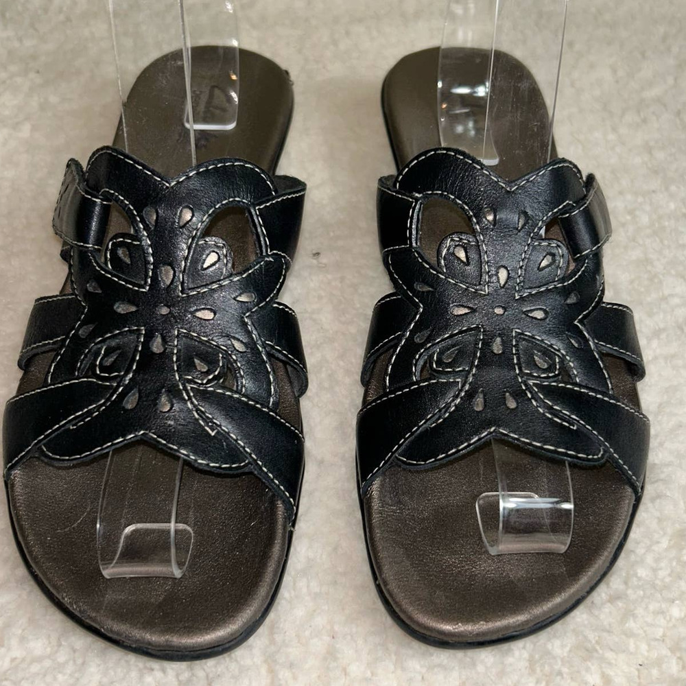 Clarks Sandals Womens 7.5M Black Ella‎ Art Leather Slide Bendables Strappy